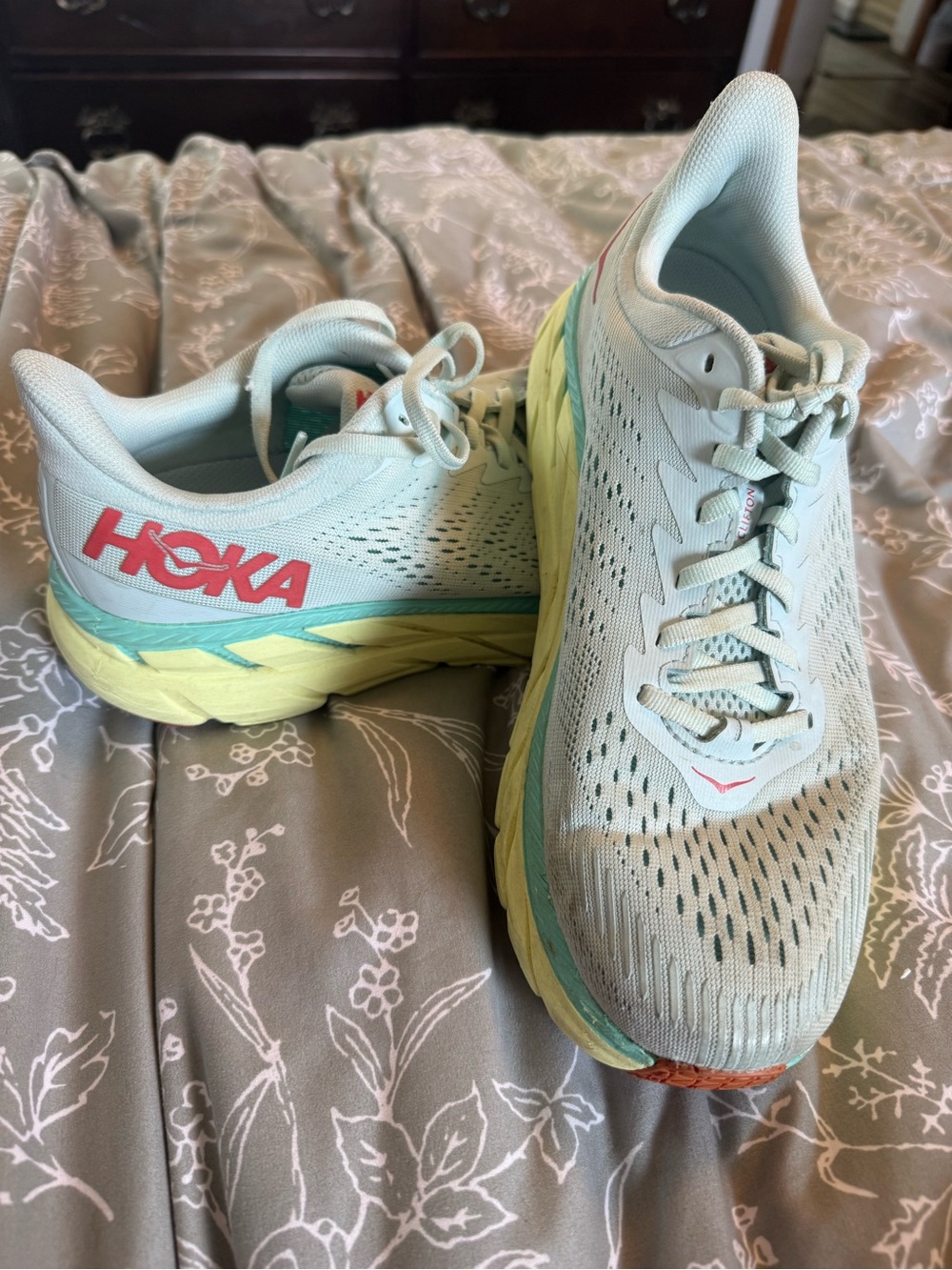 Hoka Women's Mint Green and Pastel Yellow Running Shoes with Coral Logo